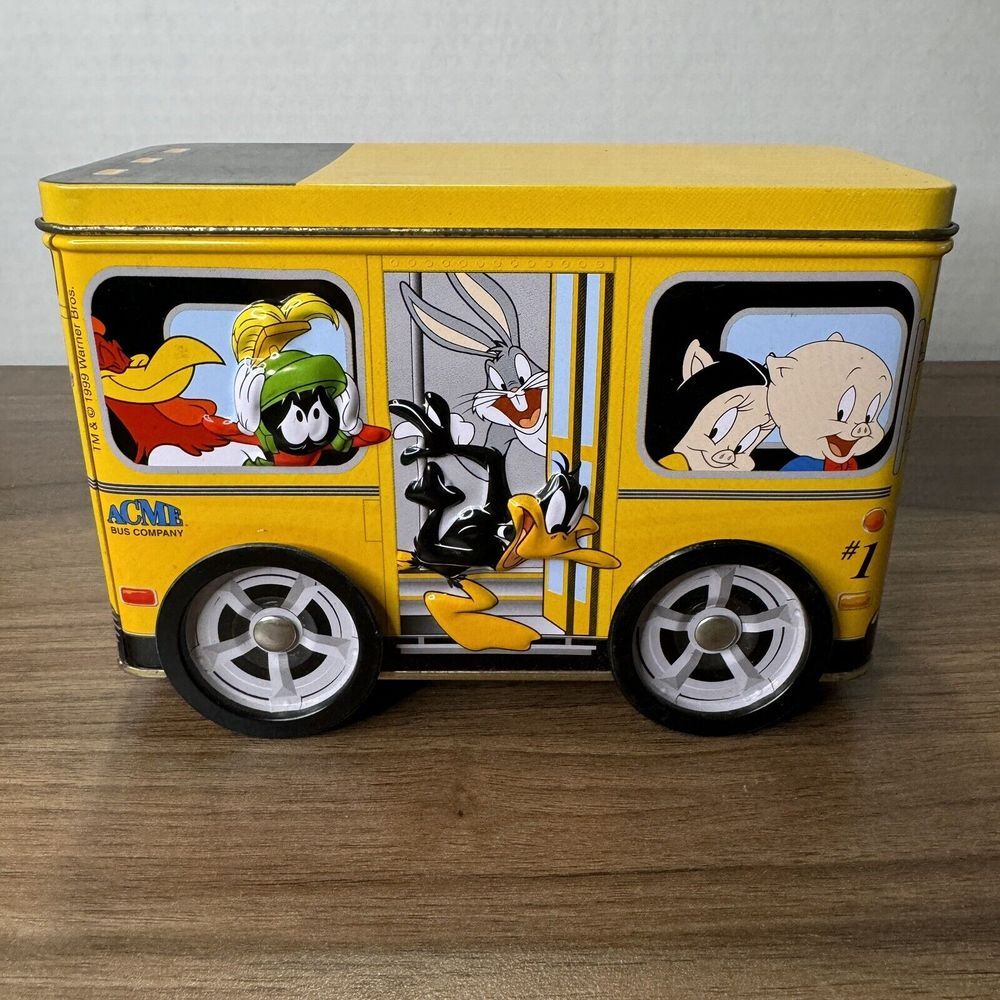 Vintage Looney Toons 1999 Tin Box Company Acme School Bus 16 Characters Rolling